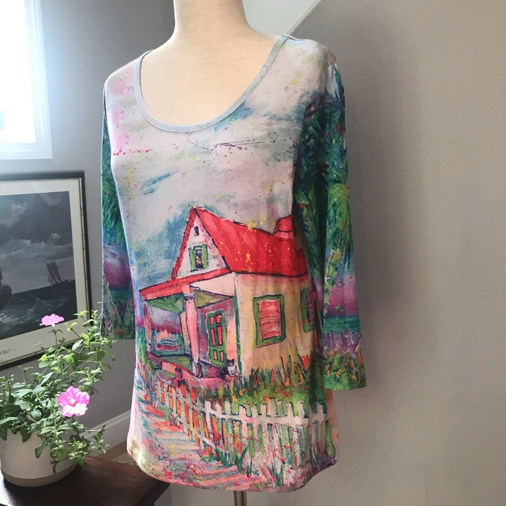 LEOMA LOVEGROVE Top “Island Cottage” Wearable Art COASTAL GRANDMOTHER